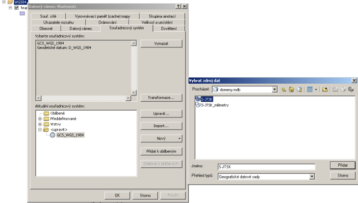 Otevřete domovský adresář a vyberte z něj geodatabázi domeny.mdb s definicí souřadnicového systému S-JTSK. Potvrďte OK. Obrázek 64: Výběr geodatabáze.