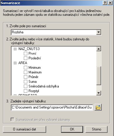 Statistika Dalšími nástroji v nabídce vyvolané kliknutím pravého tlačítka myši do záhlaví názvu pole ROZLOHA v atributové tabulce jsou nástroje pro tvorbu statistik.