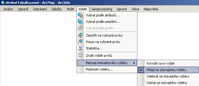 znovu označovat další prvky v mapě, ztratíte již vybrané prvky. Klikněte v horní části aplikace na textovou nabídku Výběr. Zvolte Výběr - Metoda interaktivního výběru - Přidat ke stávajícímu výběru.