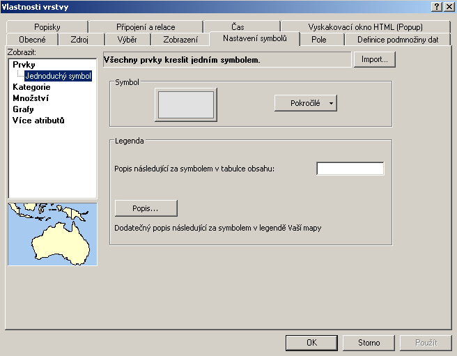 polem může být například název obce. Každému jedinečnému názvu bude přiřazena jedinečná barva symbolu.