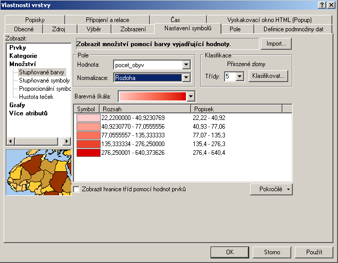 Vyberte metodu klasifikace Množství - Stupňované barvy. V rozbalovacím seznamu Hodnota vyberte pole s názvem POCET_OBYV. Aplikace automaticky roztřídila hodnoty pole POCET_OBYV do pěti tříd.