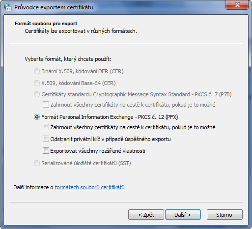 Zobrazí se průvodce exportem certifikátu, stiskněte tlačítko Další.