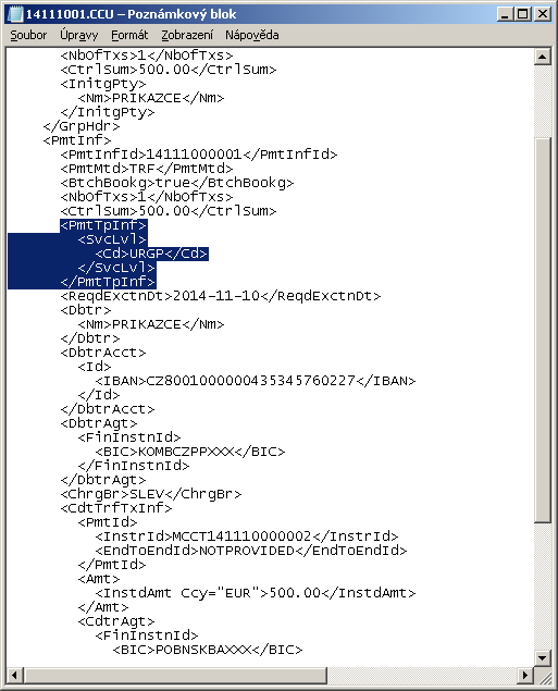 4.4.2 Příznak platby v souboru XML_SEPA Vytvořený soubor je kromě koncovky CCU značící typ platby urgent definován v tagu <PmtTpInf> <SvcLvl>