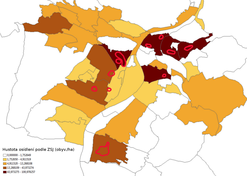 Obr. 10: Lokality největší koncentrace zadlužení (červeně) v porovnání s hustotou zalidnění podle ZSJ.