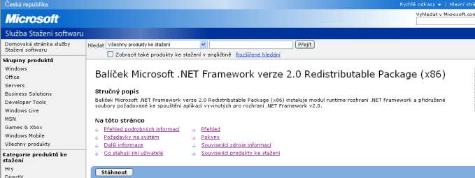 3.2 Instalace MS.NET FrameWork 2.0 CZ 1. Ve webovém prohlížeči spustit odkaz http://www.microsoft.com/downloads/details.aspx?familyid=0856eacb-4362-4b0d-8edd- AAB15C5E04F5&displaylang=cs 2.