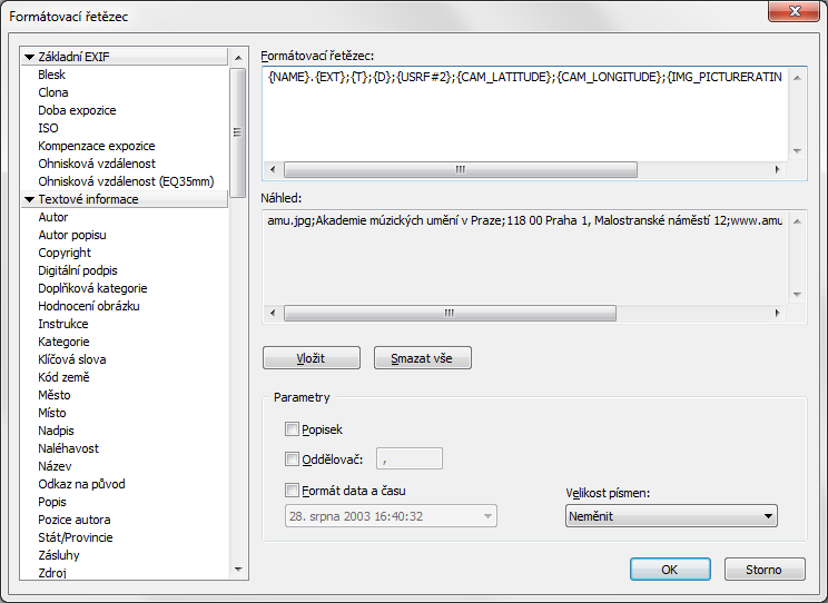Zoner Photo Studio 13 správa a sdílení fotografií 24 Formátovací řetězec: klepnutím do levého tlačítka Upravit formátovací řetězec otevřeme dialogové okno Formátovací řetězec (viz obr.
