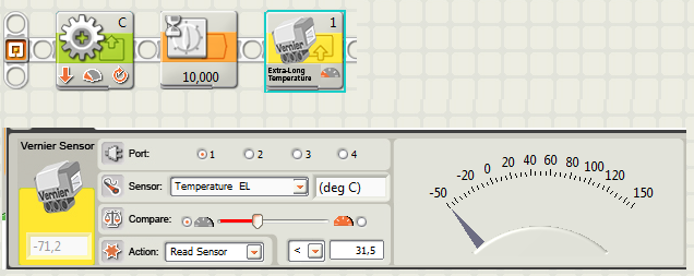 b) senzor máme ponořený ve vodě, nyní 10 s počkáme, než se změří teplota; použijeme na to blok Tima ze skupiny Wait c) přidáme teplotní