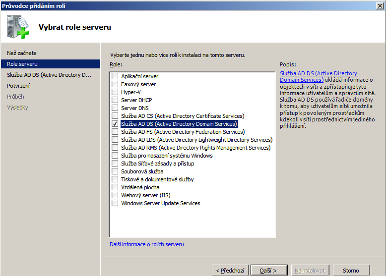 3. Na Server-ITAcademy přidejte roli AD DS (Active Directory Domain Services)(Správce