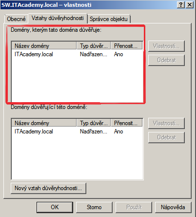 17. Zjistěte, kterým doménám doména SW.ITAcademy.local důvěřuje. (Uzel ITAcademy.