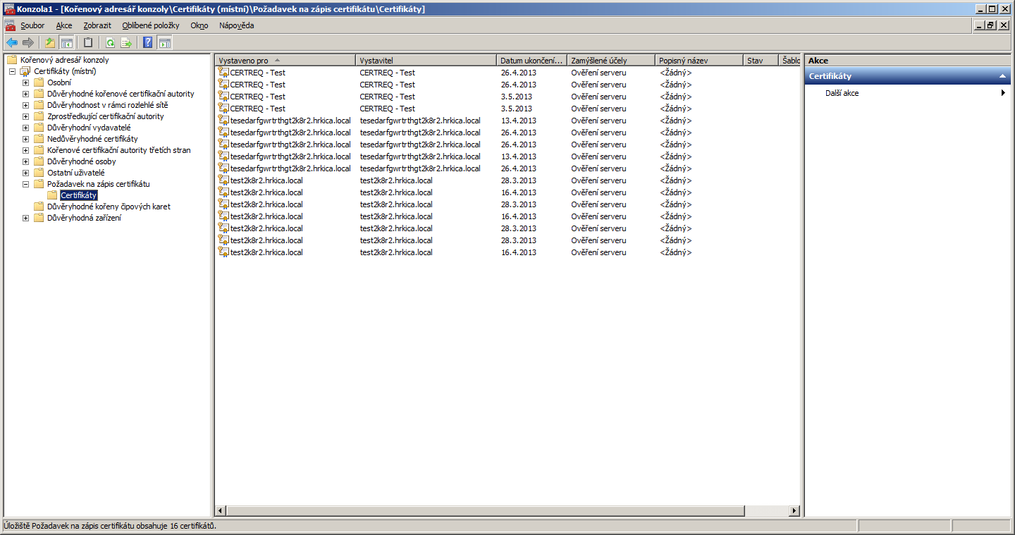 Níže už vidíte úspěšně přidaný modul snap-in Poté Vám v levém menu přibude modul Certifikáty (místní), kde po otevření složky Požadavek na zápis certifikátu uvidíte vygenerované