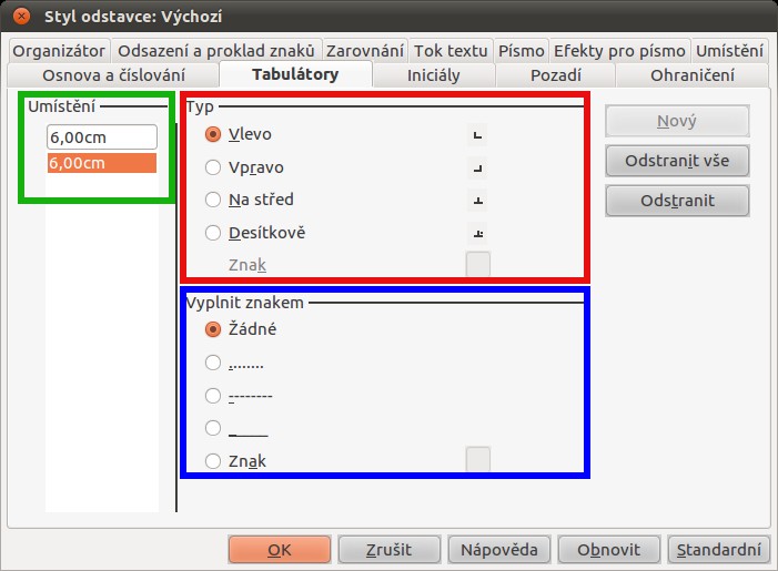3.2.5 Záložka Tabelátory Záložka Tabelátory umožňuje definovat v poli Typ tabelátoru (na Obr. 12 je orámována čer veně) tj. na kterou stranu bude zarovnáván tabelovaný text.