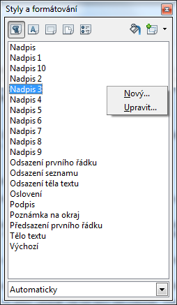 Úprava existujícího stylu podle vzorového textu Stiskem tlačítka Aktualizovat styl bude obsah stylu vybraného v seznamu okna Styly a formátování upraven podle okamžitého formátu vybraného textu.