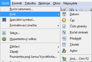 Pole v dokumentu Pole vložíte do dokumentu příkazem Pole z nabídky Vložit. Podnabídka tohoto příkazu obsahuje položky umožňující přímé vložení nejčastěji používaných polí.