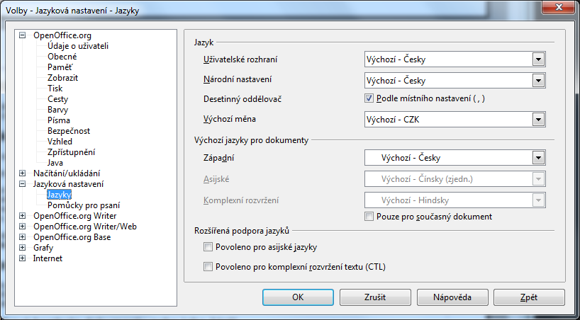 Jazykové úpravy dokumentů Pro jednotlivé části dokumentů od úrovně jednotlivých znaků lze nastavit jazyk; tím se zajistí korektní činnost takových funkcí, jako je automatická kontrola pravopisu či