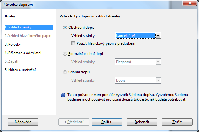 Vlastní šablony Pomocí příkazů z podnabídky příkazu Průvodci (najdete ho v nabídce Soubor) se otvírají průvodci sekvence dialogů, jejichž pomocí snadno a rychle krok za krokem - sestavíte šablonu pro