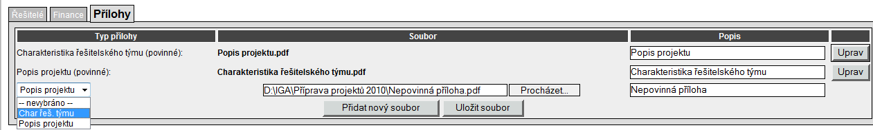 VI. Přílohy Ke každému projektu je nutné přiložit dvě povinné přílohy: 1) Popis projektu - bude obsahovat plánované výzkumné aktivity, jejich očekávané výsledky a časový harmonogram řešení projektu.