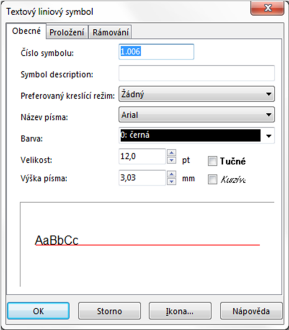Textový liniový symbol: Symbolu zapsat čísloa název, zvolit si kreslicí režim, zvolit typa barvupísma dle nabídky,