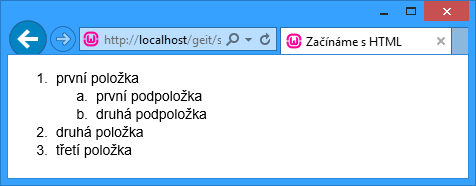 Víceúrovňový seznam Číslovaný i odrážkový seznam mohou obsahovat vnořené úrovně seznamů. Dbejte na validní syntaxi kódu vnořená úroveň seznamu je vždy zahrnuta mezi tagy <li> a </li>.