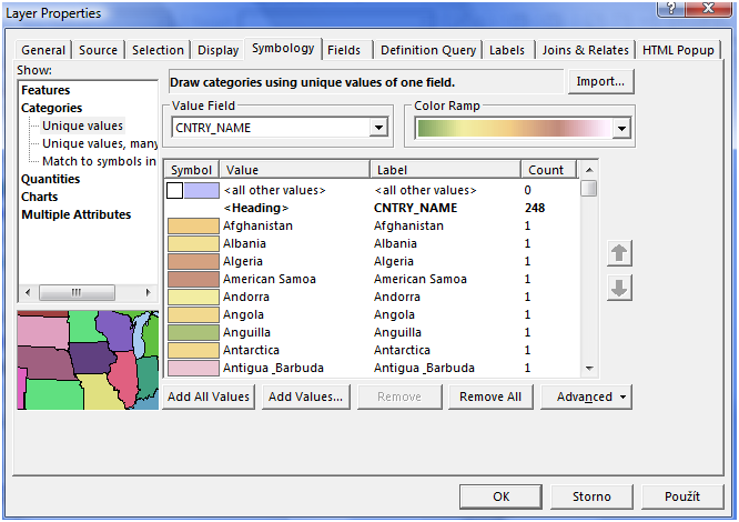 Zde bude nutné nejprve nastavit hodnotu pro pole Field (tedy hodnotu, podle které se má daná vrstva vykreslit). V případě politické mapy zvolíme CNTRY_NAME.