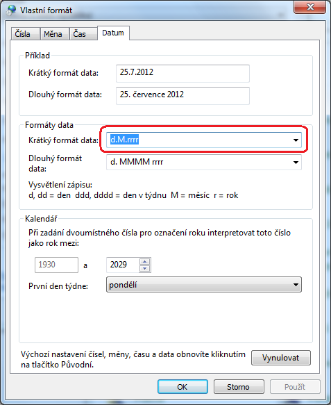 7) Přepněte se na záložku Datum a zde překontrolujte, zda nejsou u masky krátký
