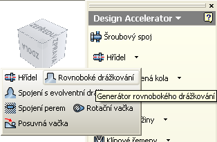 iam a vložíme do prázdné sestavy hřídel. Rozbalíme Panel sestavy a vybereme položku Design Accelerator. Pak vybereme položku Hřídel a Rovnoboké drážkování.