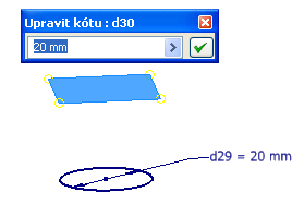 MODELOVÁNÍ ŠABLONOVANÉ SOUČÁSTI Třetí řez (kružnice) bude nakreslen v nové rovnoběžné rovině ve vzdálenosti 20 mm od předchozí roviny1. Tuto rovinu vytvoříme příkazem Pracovní rovina.