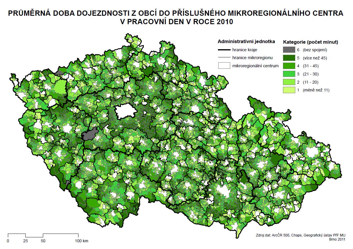 Obr. 17: Průměrná doba jízdy spoji VHD do mikroregionálního střediska Zdroj: CpRR., 2011 Prŧměrná doba dojezdnosti v pracovní den odráţí do značné míry velikost samotného mikroregionu.