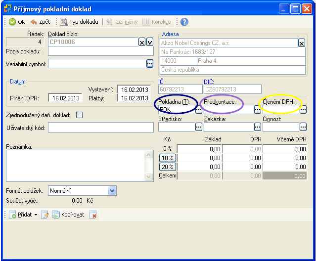 Modře automaticky se V{m přednastaví ČÍSLO DOKLADU, pokud ne, tak jej zad{te kliknutím na ADRESU vybír{te z nabídky, opět stačí kliknout a načte se V{m adres{ř.