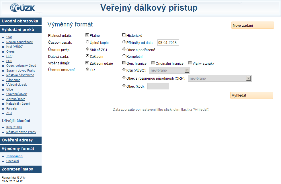 Stahování VFR Přístupné zcela volně a bez omezení (Open Data) Textové soubory v jazyku