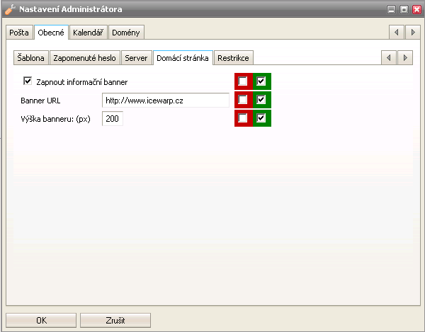 Pole Zapnou informační banner Banner URL Výška banner (px) Popis Možnost zobrazení informačního banneru tedy