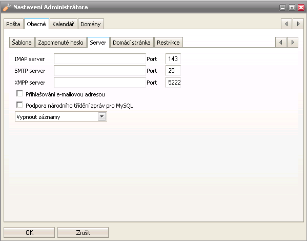 Nastavení práce se serverem Pole IMAP server SMTP server XMPP server Přihlašování e-mailovou adresou Podpora národního třídění zpráv pro MySQL Popis Nastavení připojení k IMAP serveru Nastavení