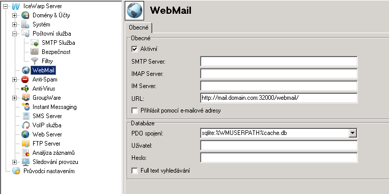 Pole Aktivní SMTP server IMAP server URL Přihlásit pomocí e-mailové adresy PDO spojení Popis Aktivace nebo deaktivace Web klient rozhraní Funkce slouží k možnost použití externího SMTP serveru, ale