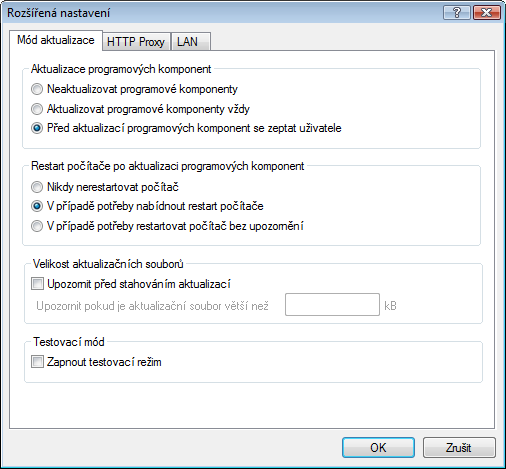 4.2.1.2.1 Mód aktualizace Na kartě Mód aktualizace se nachází nastavení související s aktualizací programových komponent.
