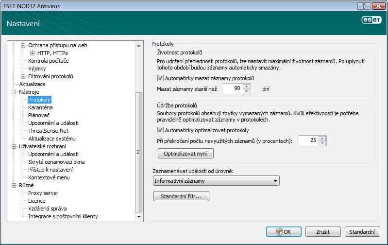 4.5.1 Správa protokolů Nastavení možností protokolování produktu Eset NOD32 Antivirus je možné prostřednictvím hlavního okna programu Nastavení Zobrazit celý strom pokročilého nastavení Nástroje