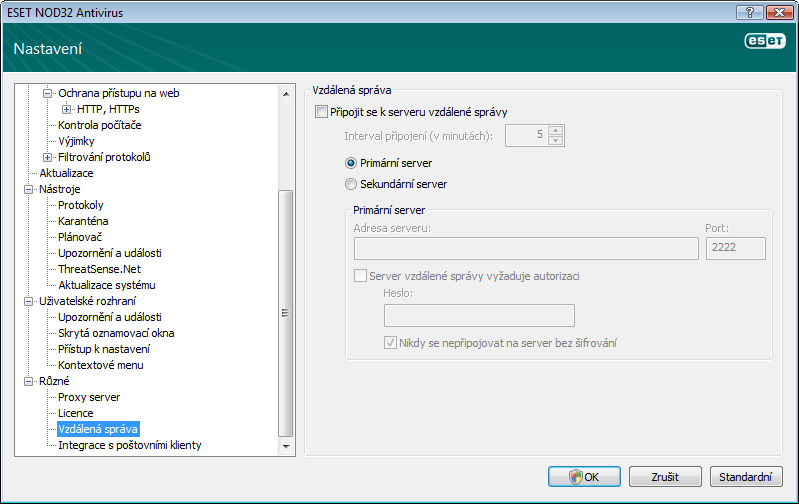 4.7.3 Zasílání V této části můžete nastavit, zda soubory a statistické informace budou zasílány prostřednictvím vzdálené správy počítačů, nebo přímo společnosti ESET.