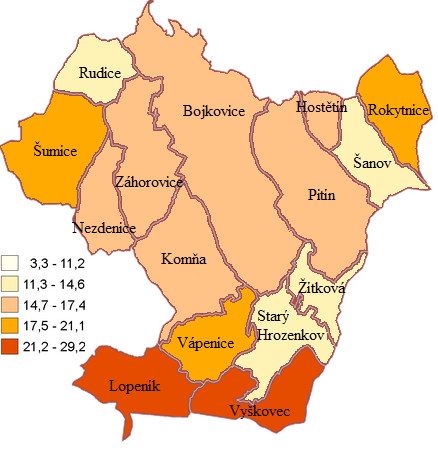 Nezdenice 124 8 0 Pitín 157 6 1 Rudice 71 2 0 Starý Hrozenkov 132 11 1 Šumice 326 14 0 Vápenice 36 1 0 Vyškovec 25 3 0 Záhorovice 211 6 0 Žítková 31 3 0 Celkem 2316 152 10 Zdroje dat: Databáze ARES,