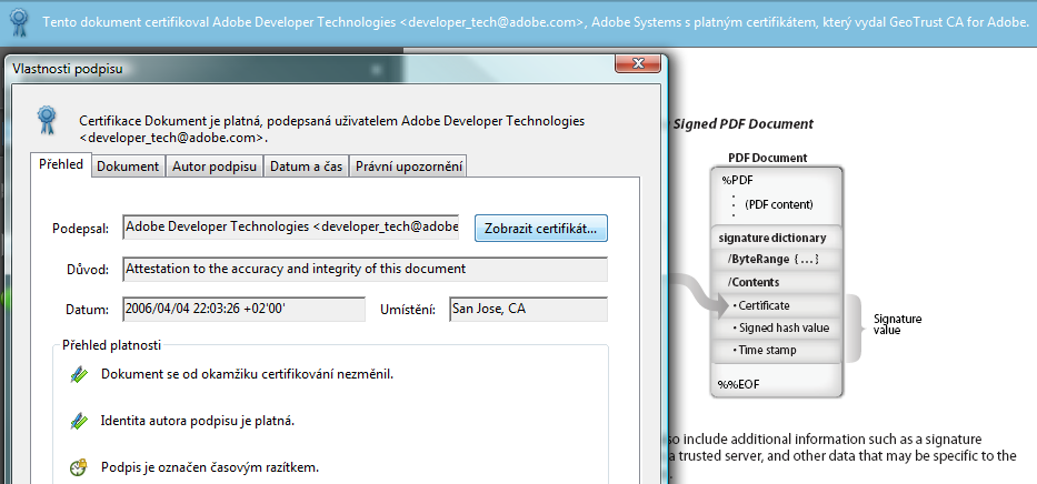 Obr. 4 Příklad certifikátu, který je umístěn v dokumentu PDF. 4.1.