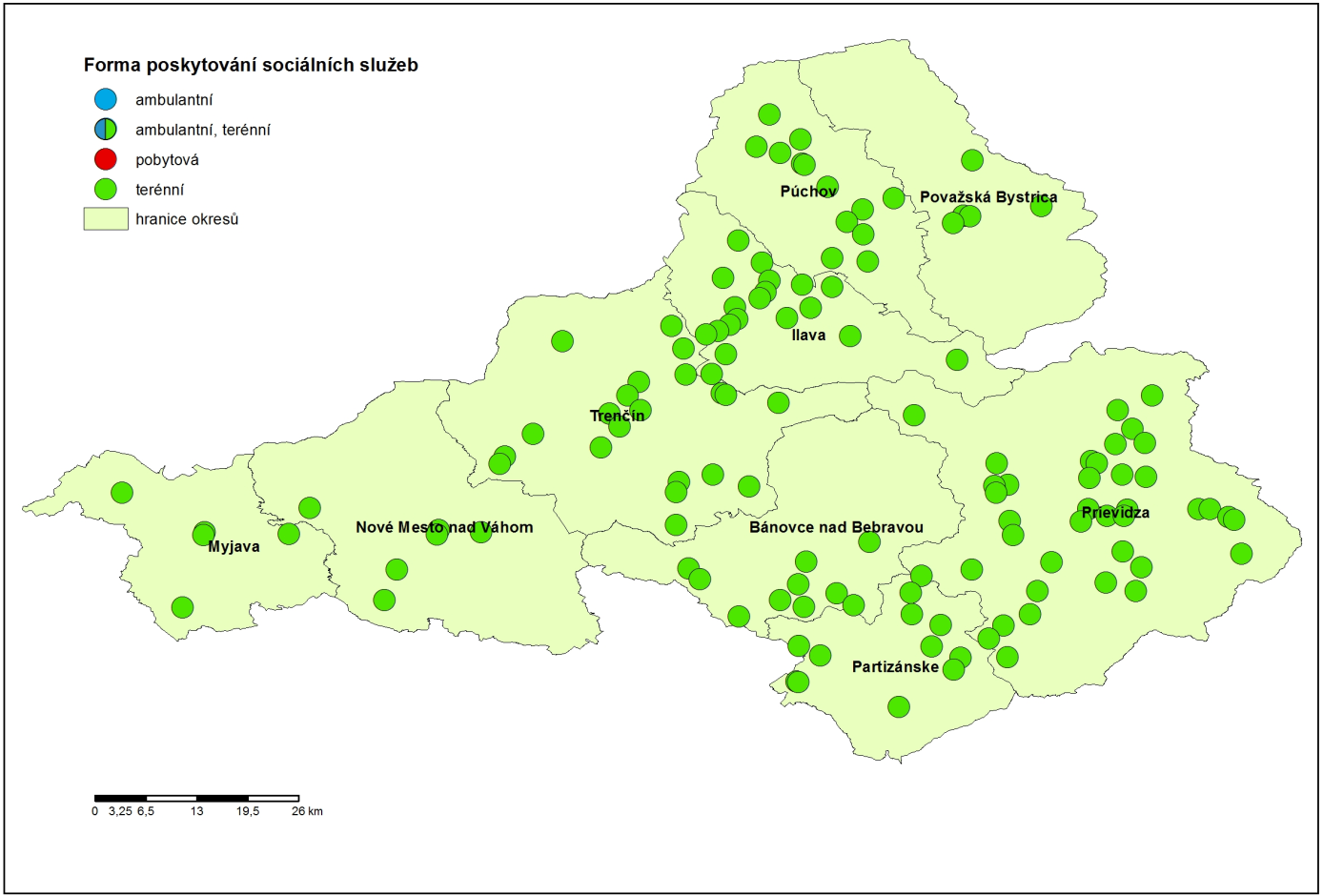 Obrázek 3.38: Pečovatelská služba - pokrytí území Trenčianského kraje Zdroj: vlastní zpracování Opatrovateľská služba Forma: terénna Opatrovateľská služba, Nám. Ľ.