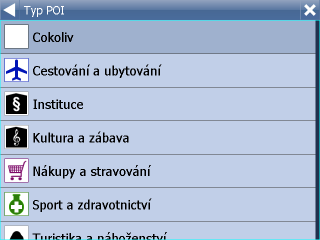 37 Navigator 11 Zde můžete hledat nejbližší zajímavá místa - POI podle několika kritérií: Kolem středu mapy - hledá nejbližší POI kolem středu aktuálně zobrazené mapy Kolem aktuální GPS pozice -