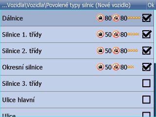 Nastavení 84 Pokud chcete zakázat průjezd placenými silnicemi, mýtem, nebo některými typy silnic jako jsou dálnice, trajekty...přidejte nové vozidlo.