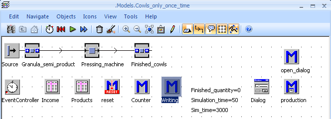 Obrázek č. 4.18: Nový layout Zdroj: [Vlastní zpracování v aplikaci Plant Simulation] V prvé řadě je tedy třeba zajistit zápis do Excelu pouze na konci simulačního času.