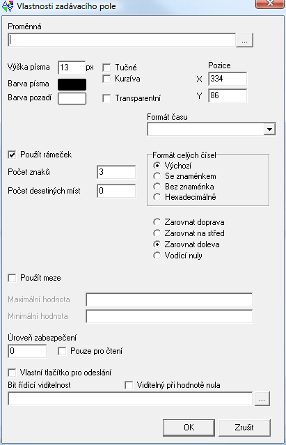 3.2 Vlastnosti zadávacího pole (s vlastním tlačítkem pro odeslání) Tento dialog je společný pro zadávací pole s vlastním tlačítkem i bez. Mezi objekty se přepíná volbou Vlastní tlačítko pro odeslání.