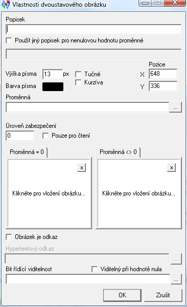 3.7 Vlastnosti dvoustavového obrázku Popisek Text zobrazený přes obrázek Použít jiný popisek pro nenulovou hodnotu proměnné Zapíná možnost zobrazit alternativní popisek pro nenulovou hodnotu proměnné