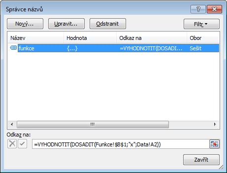 Pro změnu zobrazované funkce pak stačí pouze změnit definici funkce ve správci názvů. V Excelu však existuje jedna skrytá možnost, jak měnit zobrazovanou funkci ještě pohodlněji.