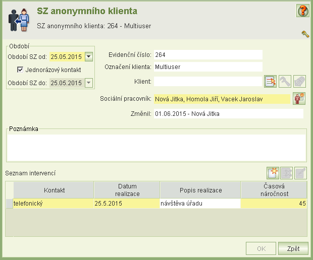 V části Filtr lze nastavit hodnoty, kterými uživatel může omezit zobrazený seznam klientů. V části Údaje je needitovatelná tabulka anonymních klientů se SZ (může být omezena filtrem).