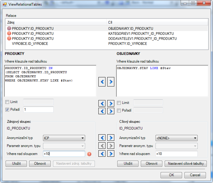 3.4. Provedené úpravy Obrázek 3.8: Průvodce nastavením vazeb Tlačítka Manage source table a Manage destination table slouží k otevření nového okna stejného průvodce (obr. 3.9).