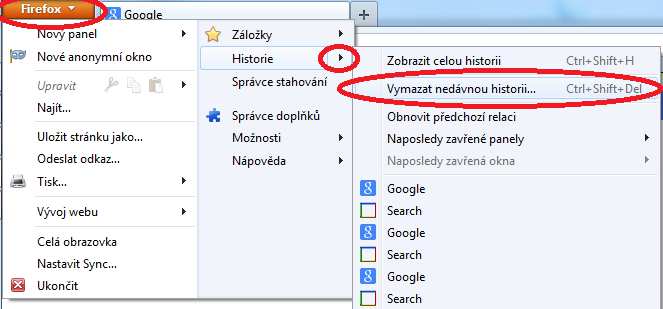 Po stisknutí oranžového tlačítka Firefox je k dispozici položka Historie a poté volba Vymazat nedávnou historii