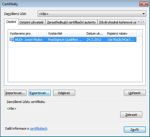 Moduly 5.3.11 Export veřejného klíče certifikátu Ke zprovoznění elektronické komunikace s pojišťovnou je nutné pojišťovně dodat veřejnou část vašeho certifikátu.