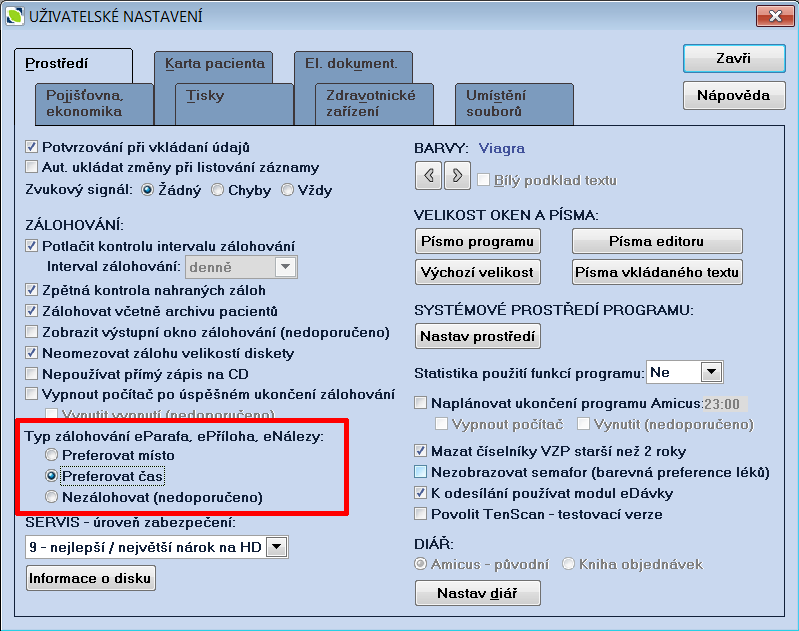 V záložce /Prostředí/ nastavte způsob zálohování podepsaných dokumentů.