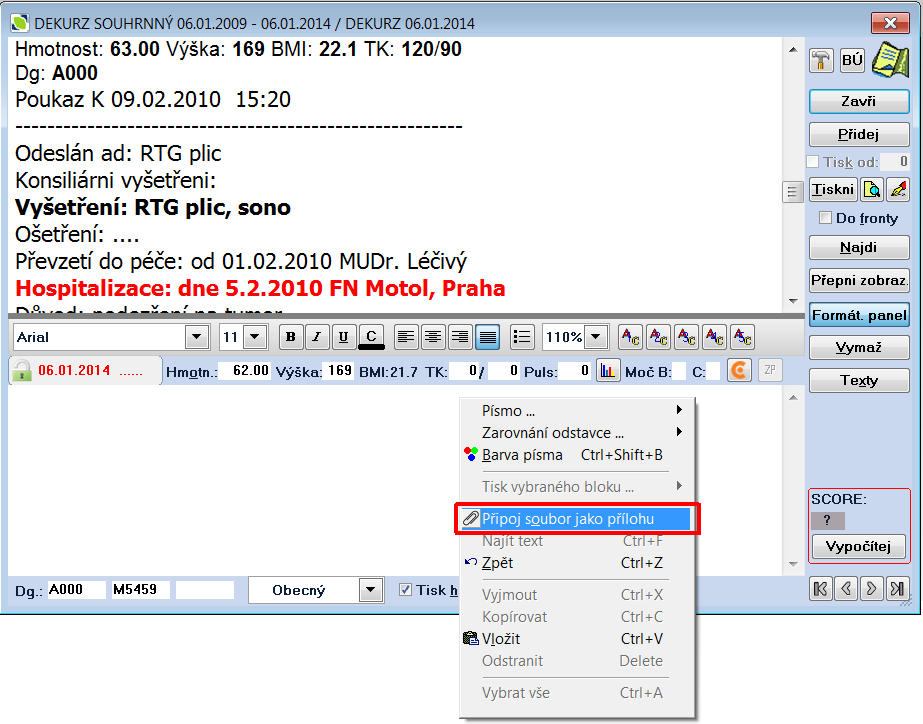 Popis funkcí programu AMICUS z nich dostupná stiskem svorky vpravo pod oknem editoru.